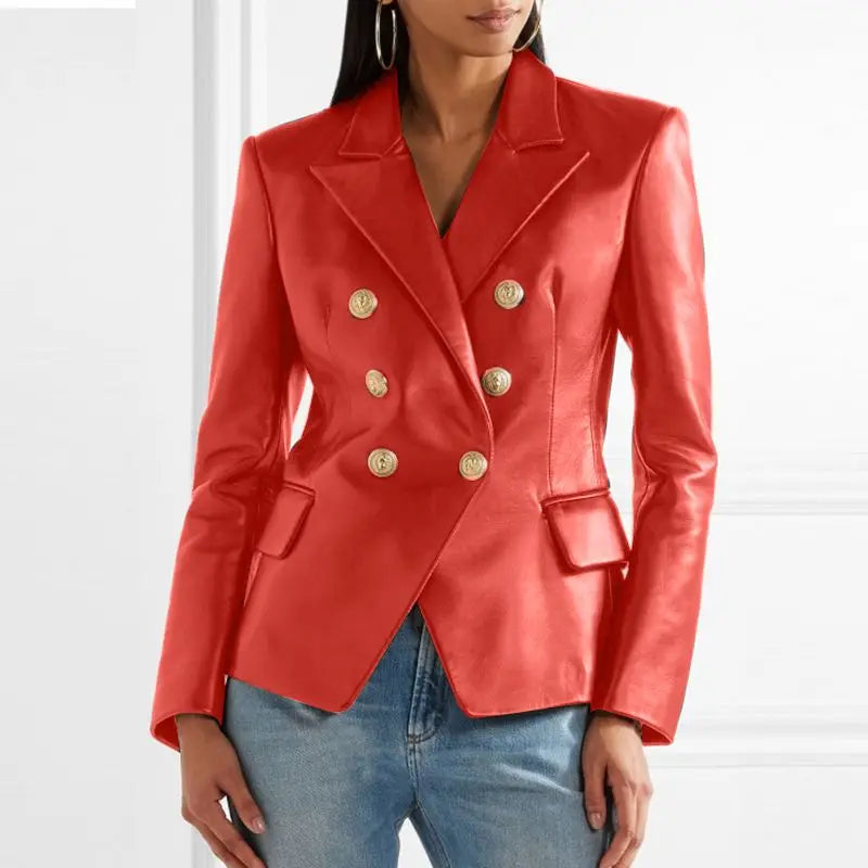 Dames Dubbelknopen Op Maat Gemaakt Leren Blazer met Lapelexen