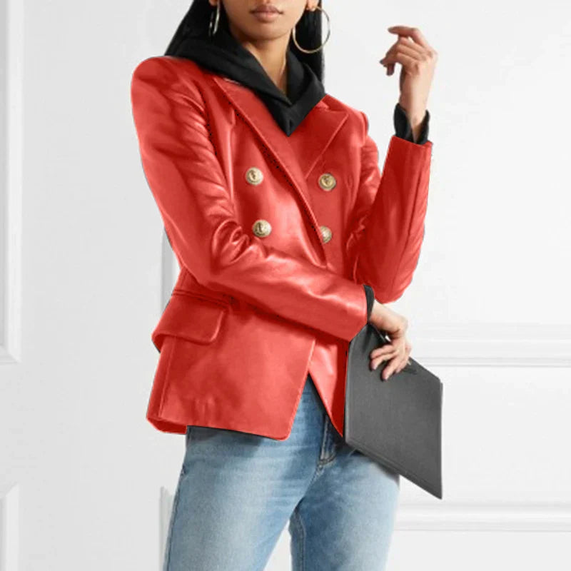 Dames Dubbelknopen Op Maat Gemaakt Leren Blazer met Lapelexen