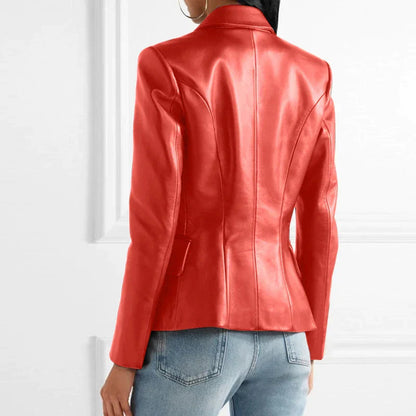 Dames Dubbelknopen Op Maat Gemaakt Leren Blazer met Lapelexen