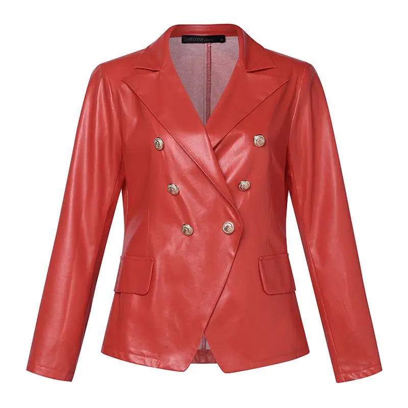 Dames Dubbelknopen Op Maat Gemaakt Leren Blazer met Lapelexen