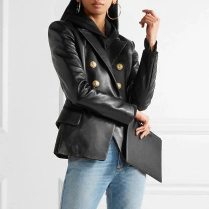 Dames Dubbelknopen Op Maat Gemaakt Leren Blazer met Lapelexen