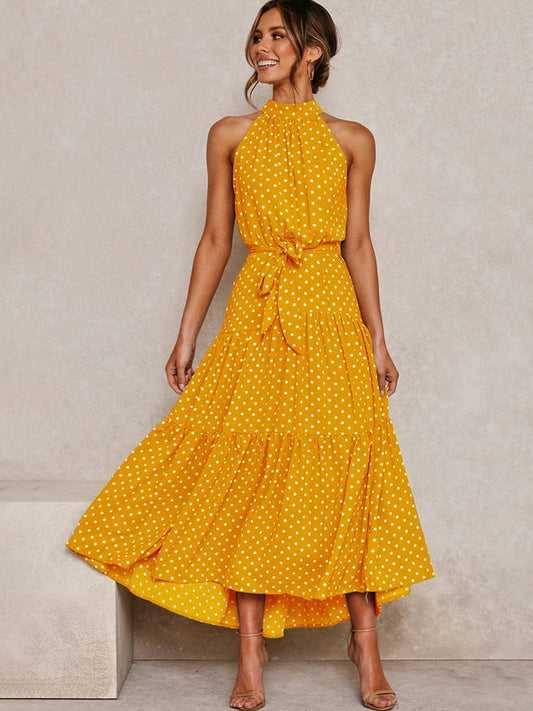 Dames Halter Midi Jurk met Stippenprint en Tailleband