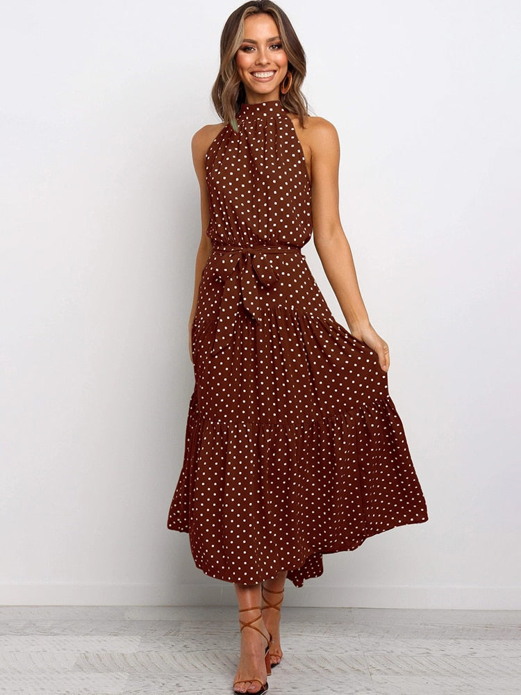 Dames Halter Midi Jurk met Stippenprint en Tailleband