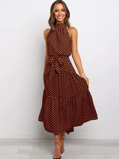 Dames Halter Midi Jurk met Stippenprint en Tailleband