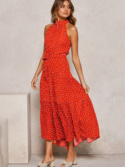 Dames Halter Midi Jurk met Stippenprint en Tailleband