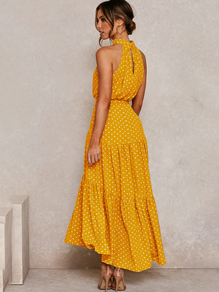 Dames Halter Midi Jurk met Stippenprint en Tailleband