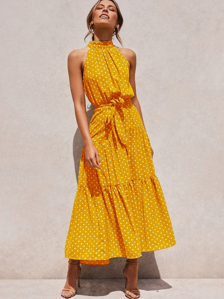 Dames Halter Midi Jurk met Stippenprint en Tailleband