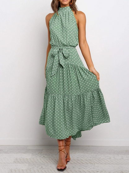Dames Halter Midi Jurk met Stippenprint en Tailleband