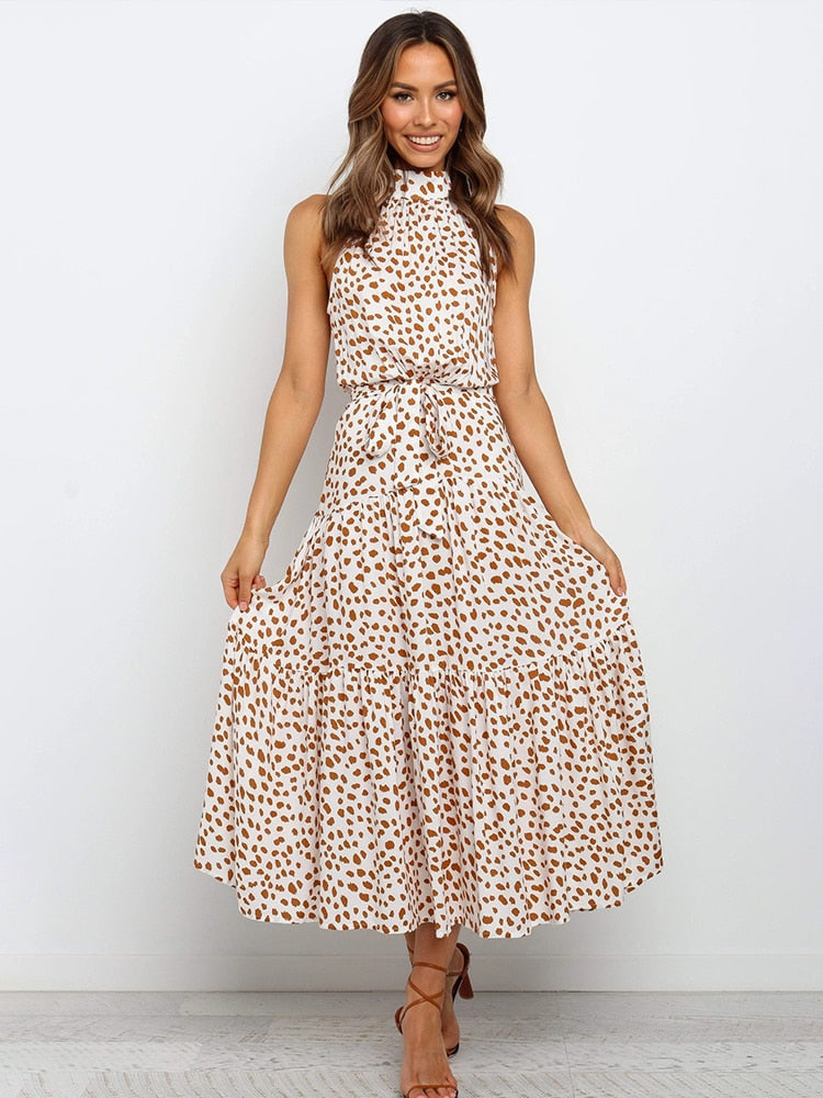 Dames Halter Midi Jurk met Stippenprint en Tailleband