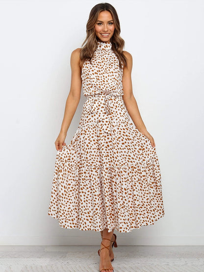 Dames Halter Midi Jurk met Stippenprint en Tailleband
