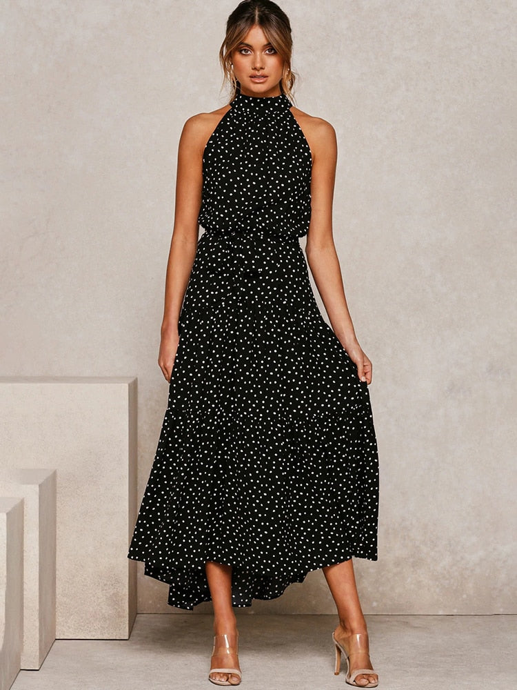 Dames Halter Midi Jurk met Stippenprint en Tailleband