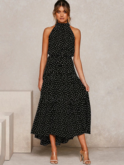 Dames Halter Midi Jurk met Stippenprint en Tailleband