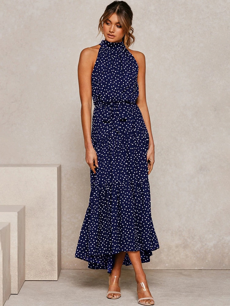 Dames Halter Midi Jurk met Stippenprint en Tailleband