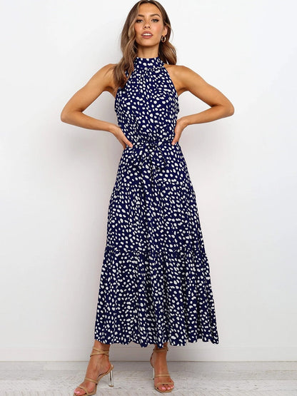 Dames Halter Midi Jurk met Stippenprint en Tailleband