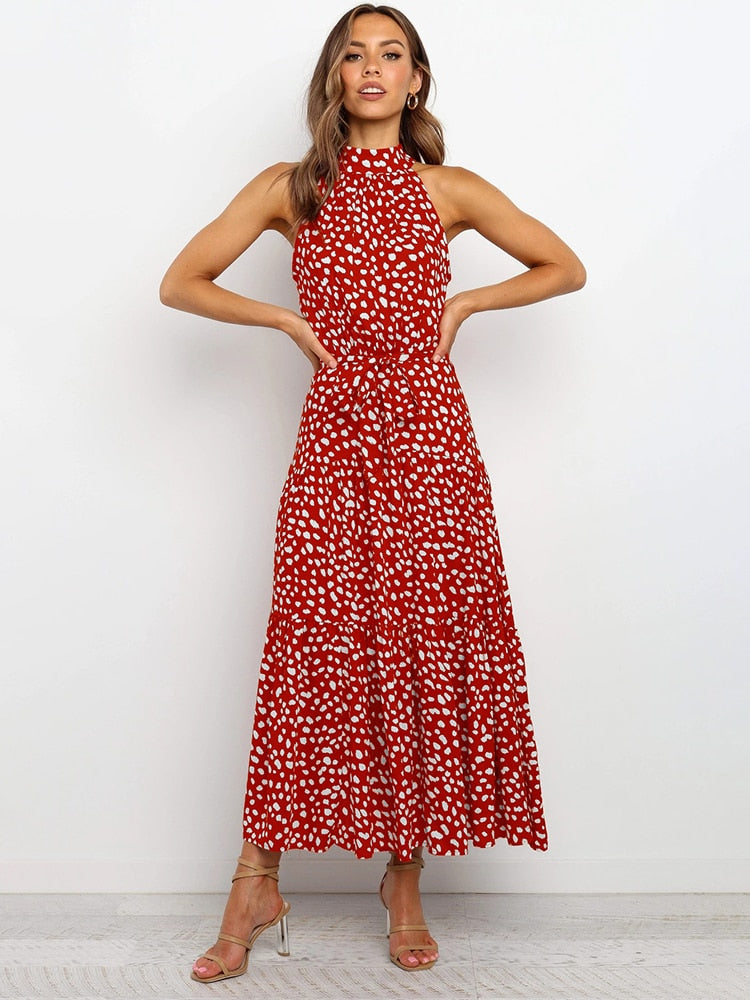 Dames Halter Midi Jurk met Stippenprint en Tailleband