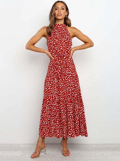 Dames Halter Midi Jurk met Stippenprint en Tailleband