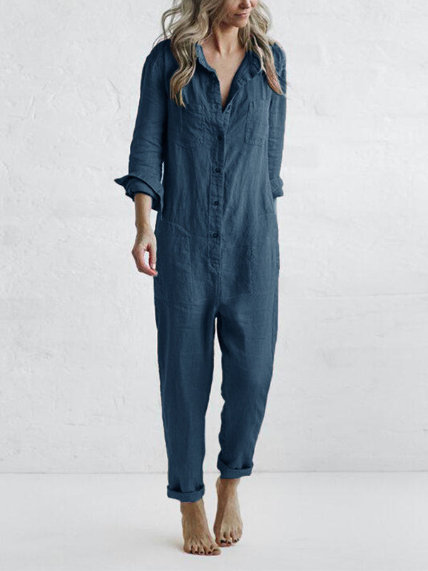 Dames Jumpsuit met Knopen en Lange Mouwen in Relaxed Fit