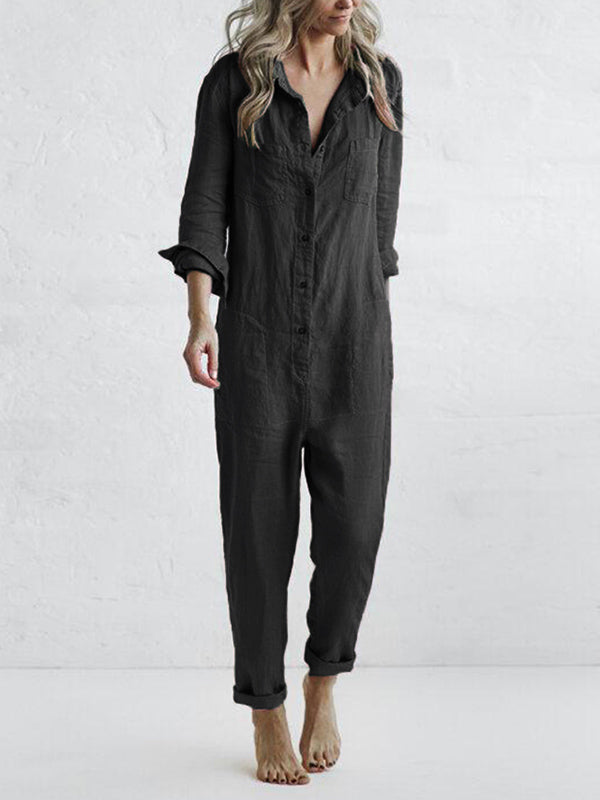 Dames Jumpsuit met Knopen en Lange Mouwen in Relaxed Fit