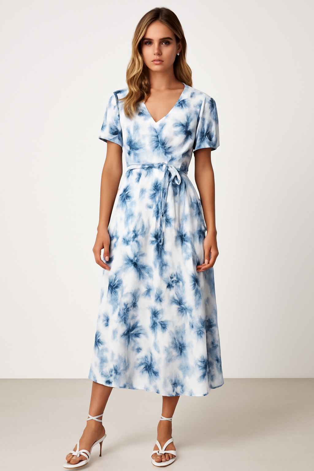 Dames Midi Jurk met V-Hals, Puffy Mouwen en Tailleband