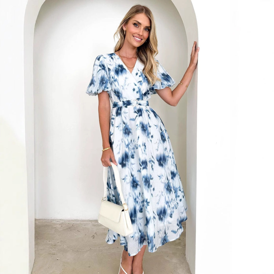Dames Midi Jurk met V-Hals, Puffy Mouwen en Tailleband