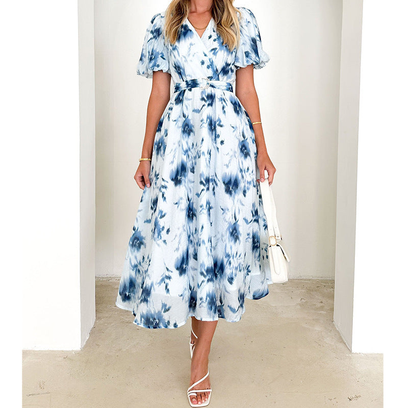 Dames Midi Jurk met V-Hals, Puffy Mouwen en Tailleband