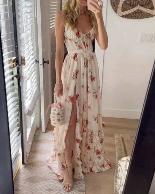 Dames Mouwenloze Kanten Midi Jurk met Bloemenpatroon voor Avondkleding