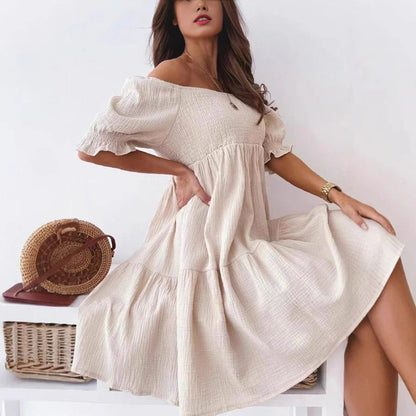 Dames Off-Shoulder Jurk met Rimpel Details en Relaxed Pasvorm