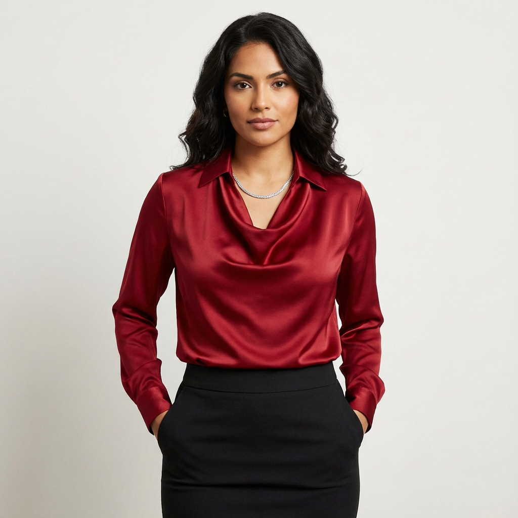 Dames Satijnen Blouse met Gedrapeerde Kraag