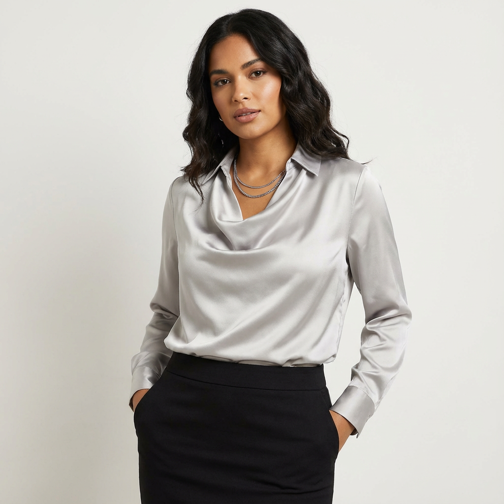 Dames Satijnen Blouse met Gedrapeerde Kraag