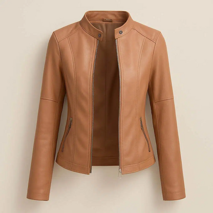 Dames imitatie-leren jack met mao-kraag