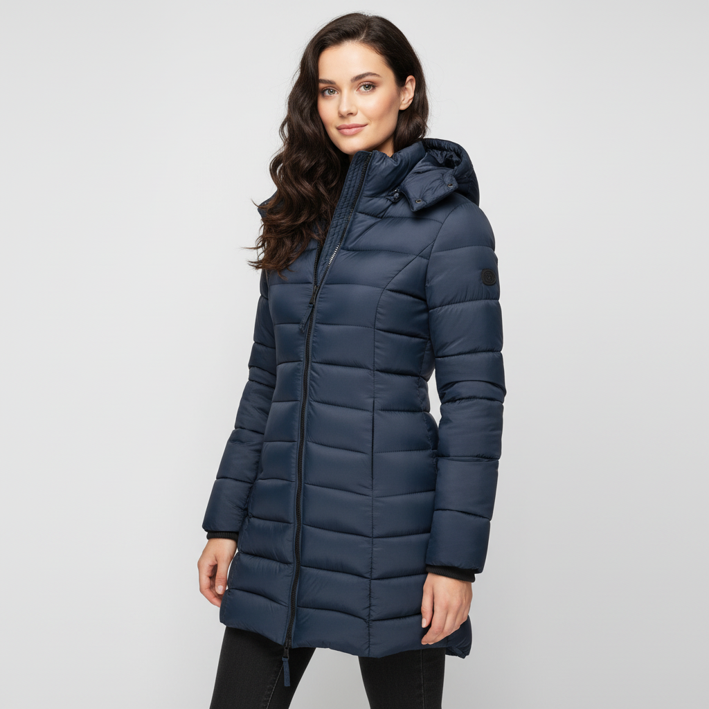 Dames lange gewatteerde winterjas met capuchon