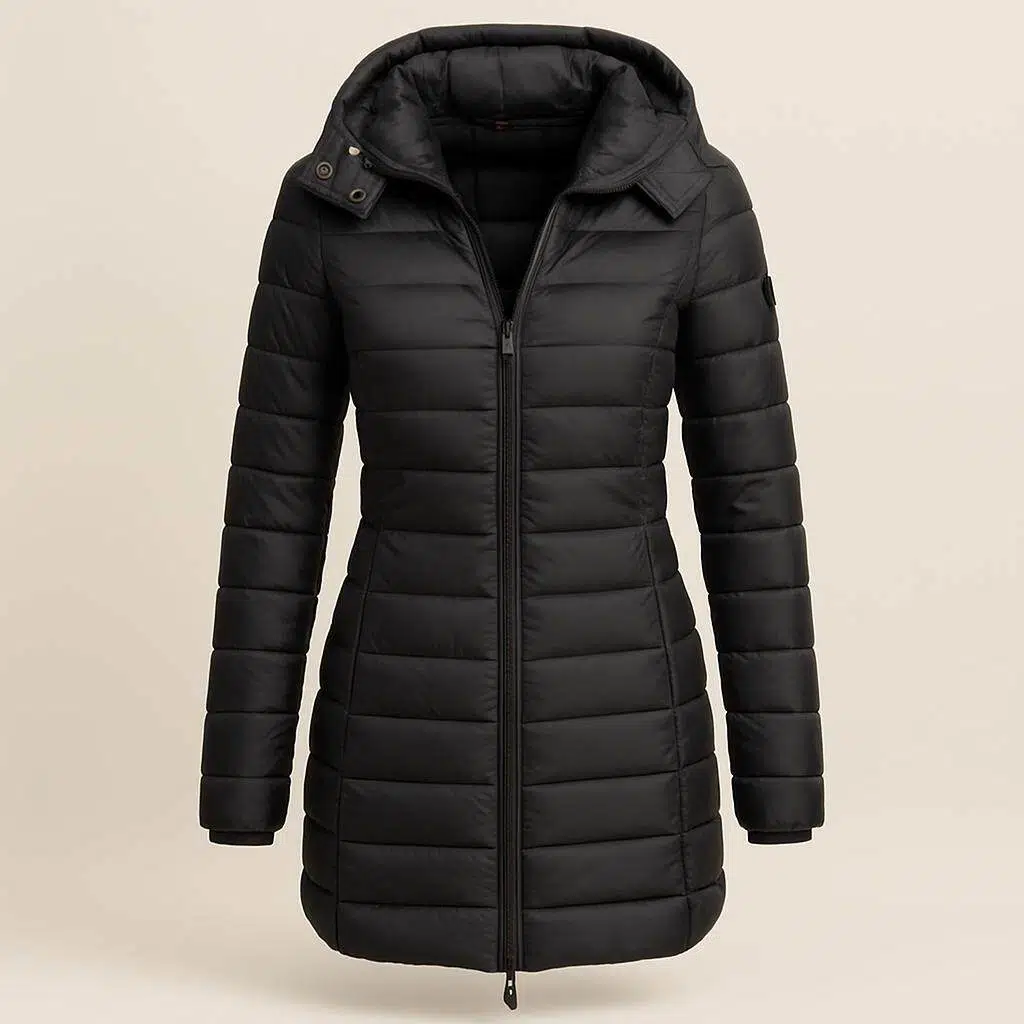 Dames lange gewatteerde winterjas met capuchon