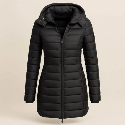 Dames lange gewatteerde winterjas met capuchon