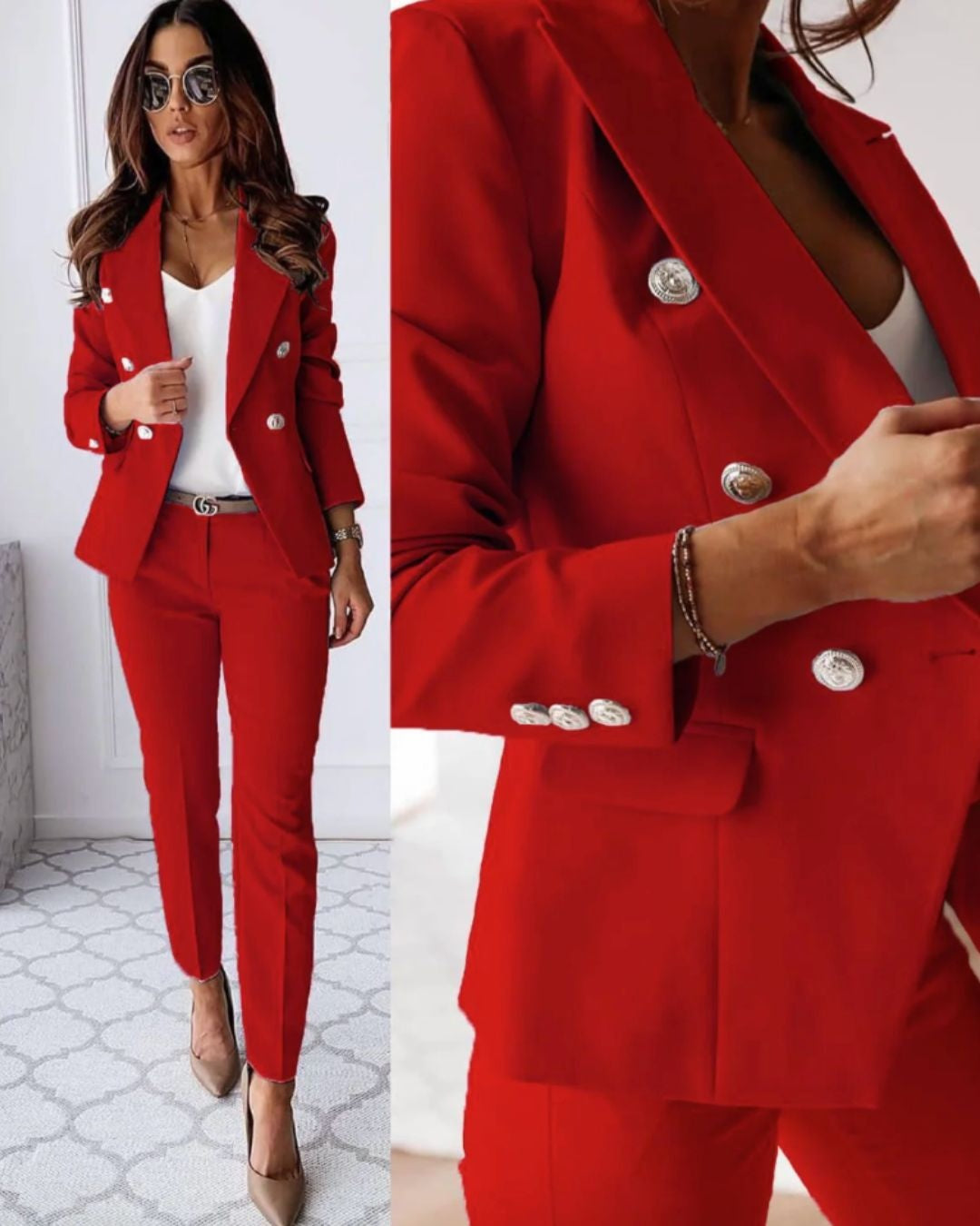 Damespak double-breasted blazer met slim fit pantalon