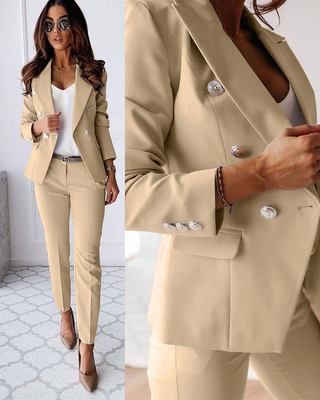 Damespak double-breasted blazer met slim fit pantalon