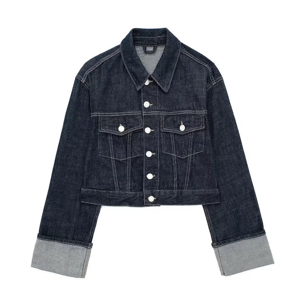 Denim Blauwe Spijkerjas Met Zakken En Vintage Reverskraag Voor Dames
