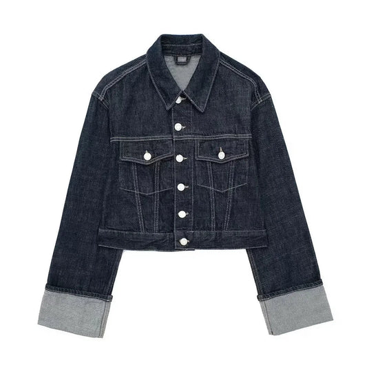 Denim Blauwe Spijkerjas Met Zakken En Vintage Reverskraag Voor Dames