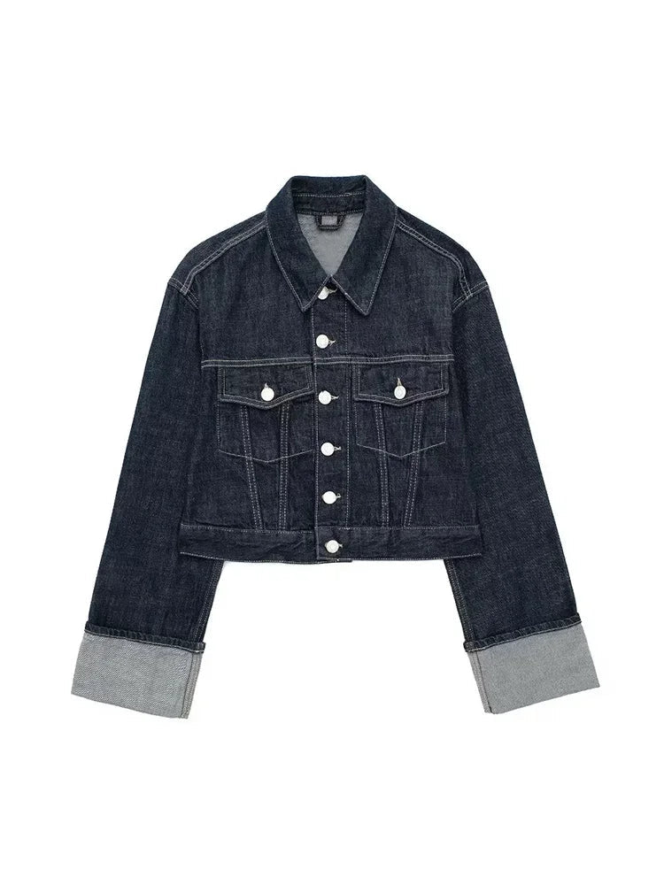 Denim Blauwe Spijkerjas Met Zakken En Vintage Reverskraag Voor Dames
