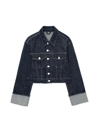 Denim Blauwe Spijkerjas Met Zakken En Vintage Reverskraag Voor Dames