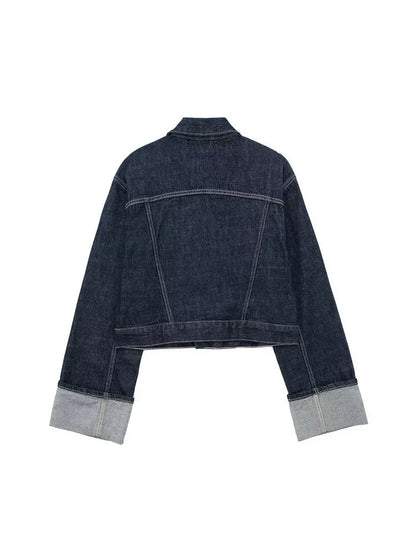 Denim Blauwe Spijkerjas Met Zakken En Vintage Reverskraag Voor Dames