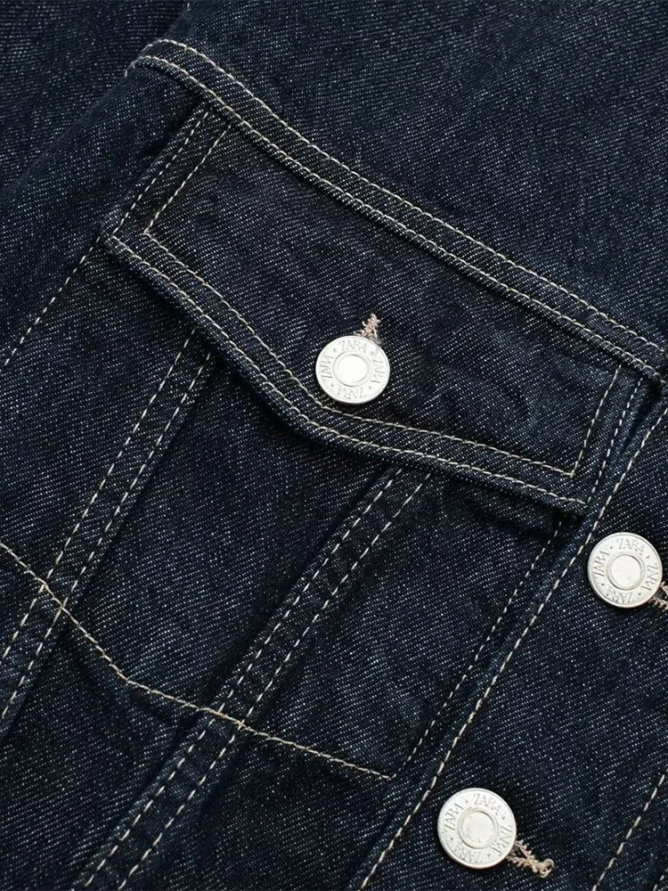 Denim Blauwe Spijkerjas Met Zakken En Vintage Reverskraag Voor Dames