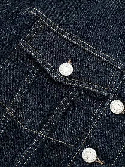Denim Blauwe Spijkerjas Met Zakken En Vintage Reverskraag Voor Dames