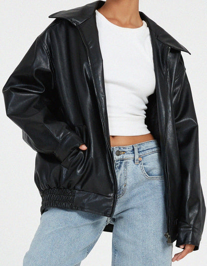 Donna Herfstzachte Leatherlook Oversized Jacket