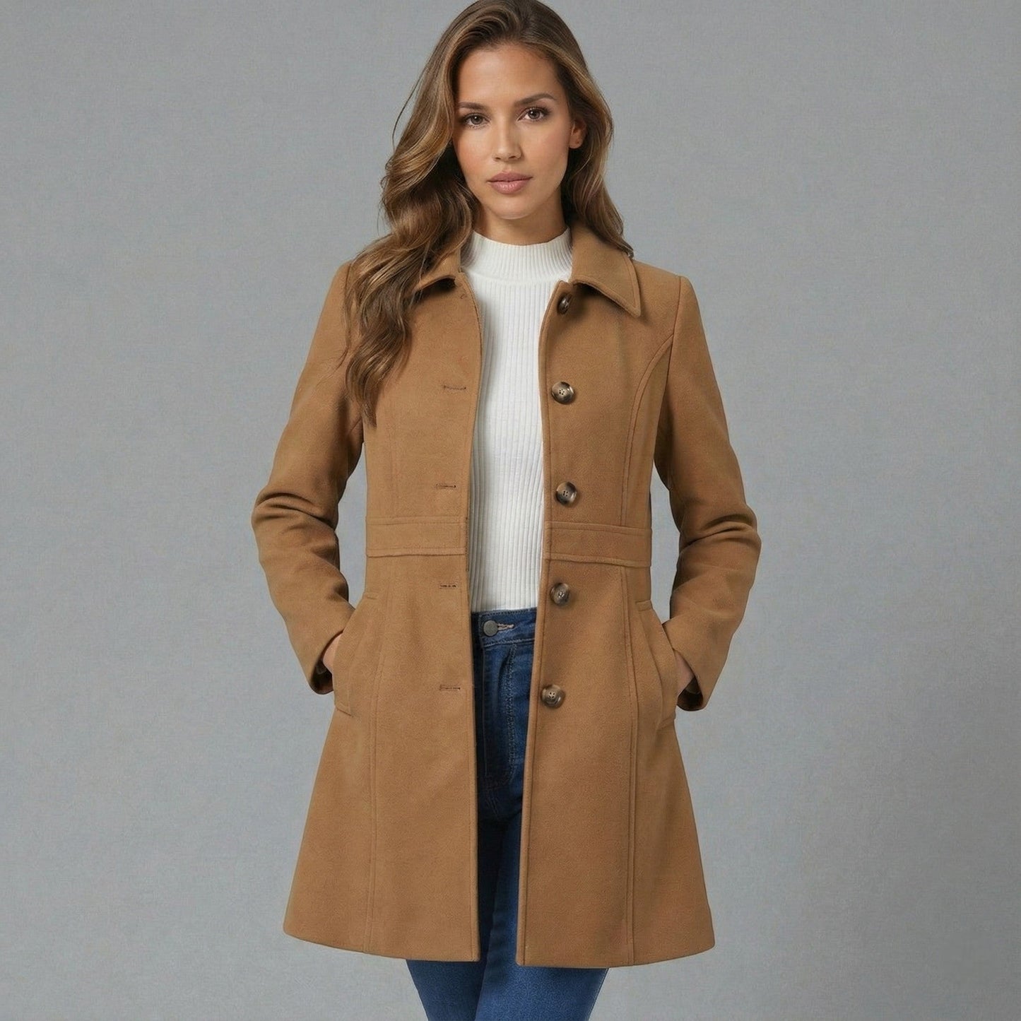 Elegante A-lijn damesmantel met knoopsluiting – Josephine