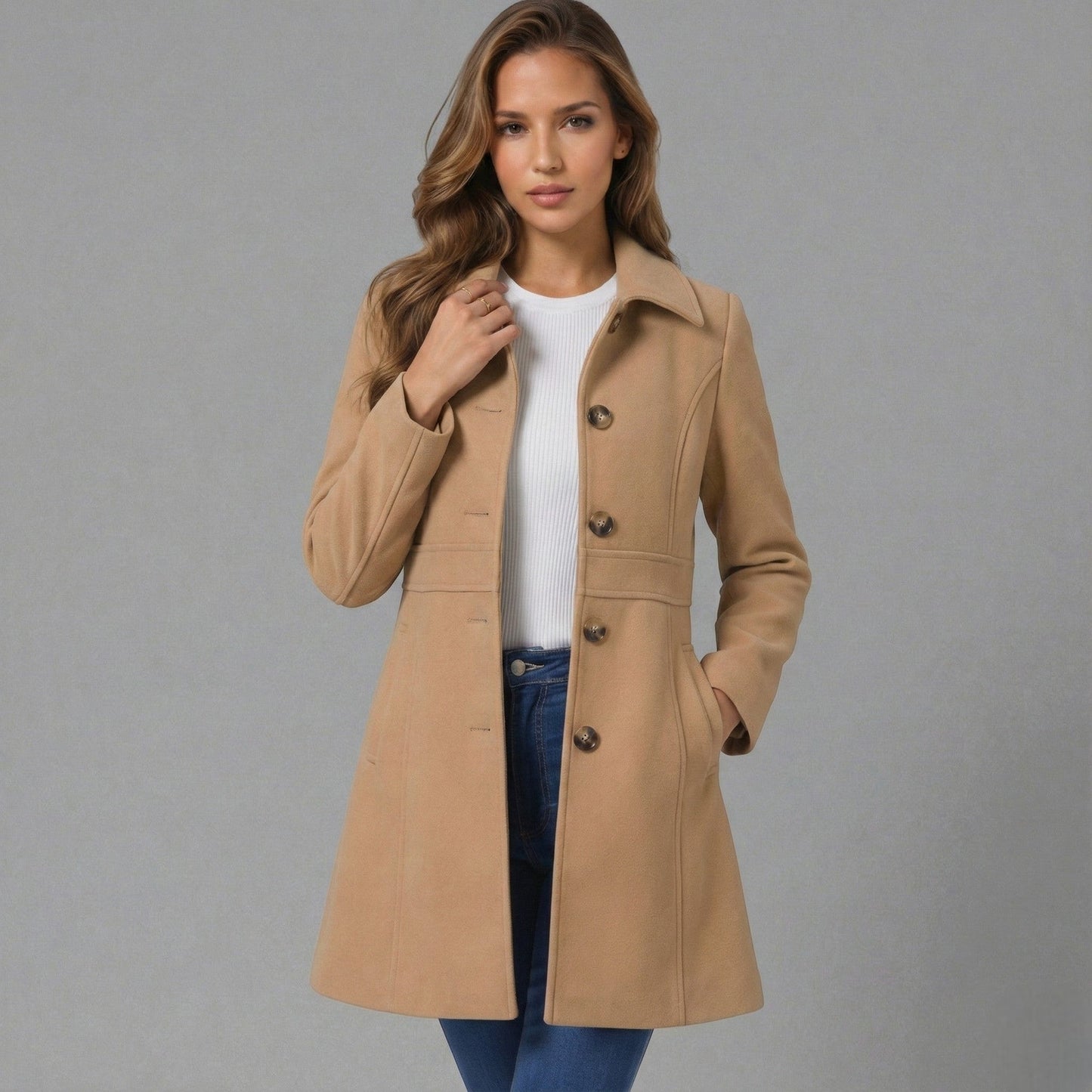 Elegante A-lijn damesmantel met knoopsluiting – Josephine