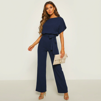 Elegante dames jumpsuit met strikceintuur en wijde pijpen