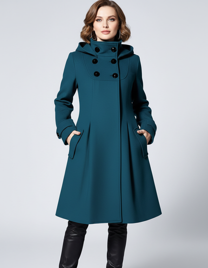 Elegante dames mantel met capuchon en knoopsluiting