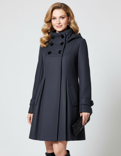 Elegante dames mantel met capuchon en knoopsluiting