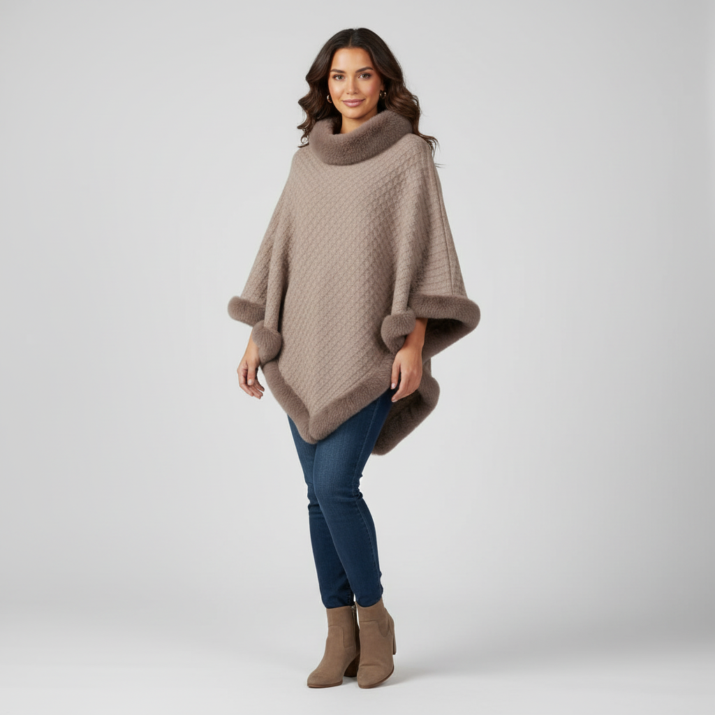 Elegante dames poncho met zachte bontafwerking