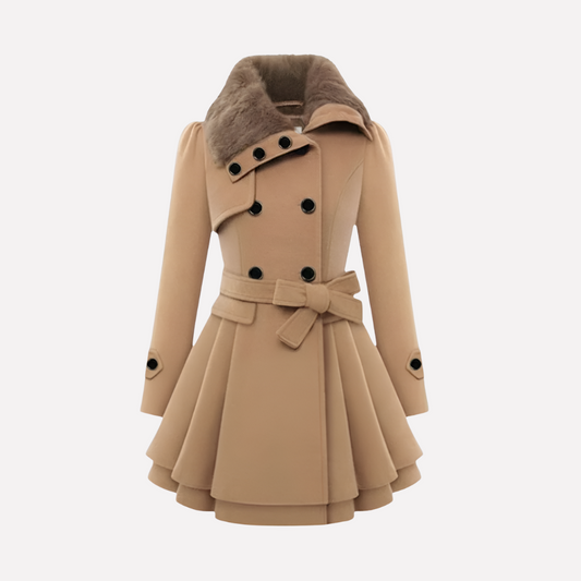 Elegante getailleerde dames winterjas met knopen, ceintuur en kraag van imitatiebont